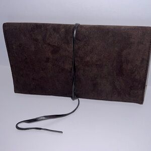 YSL Yves Saint Laurent Dark Brown Suede Leather Wrap Clutch Bag w/Mirror